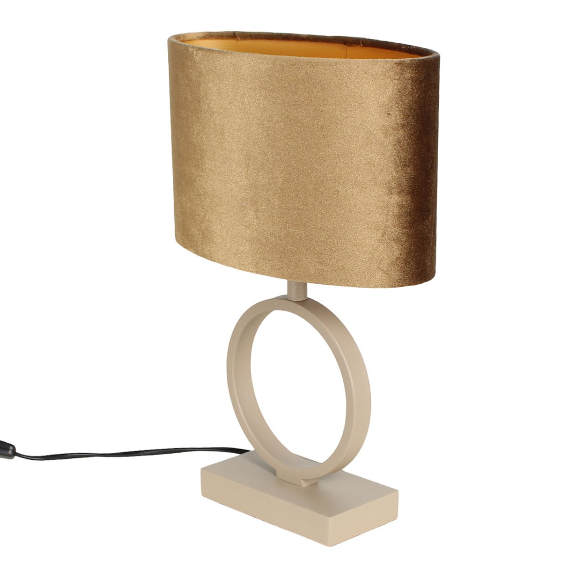 Zand / beige kleurige tafellamp Sienna met ovale velvet kap – coffee on gold 25 cm - Afbeelding 8