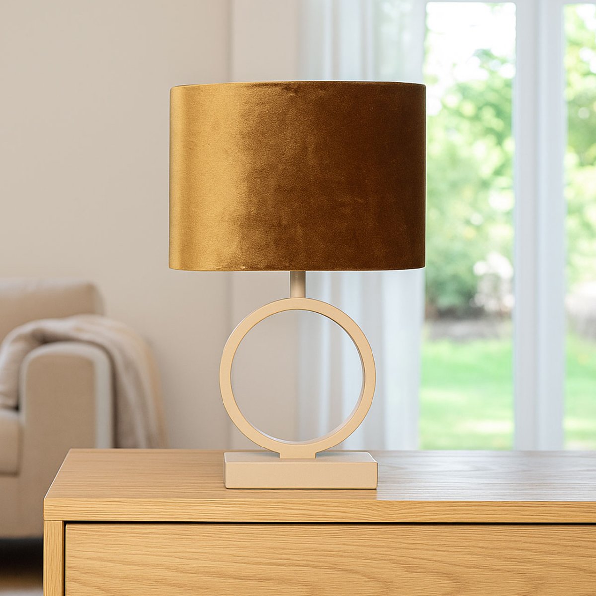Zand / beige kleurige tafellamp Sienna met ovale velvet kap – coffee on gold 25 cm - Afbeelding 3