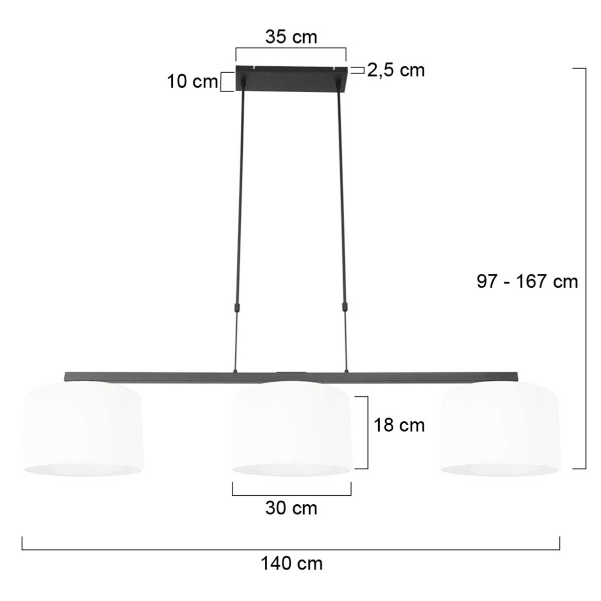 Hanglamp Stang | 3 lichts | E27 | 140×30 cm | zwart & wit - Afbeelding 8