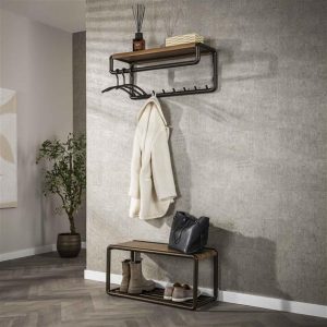 Kapstok Luno | drift brown | roede met hoedenplank en 8 haken | compact & stijlvol