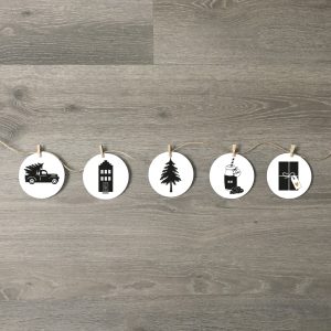 DIY Kerst slinger zwart wit, DIY Winterslinger zwart wit – 36 ronde kaartjes – PDF printable