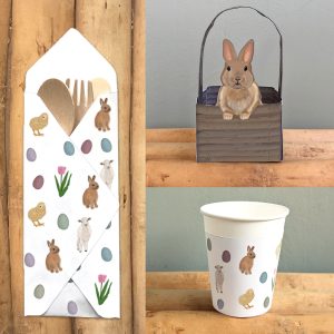 Paas printable – Beker wikkel, bestek zakje en Paasmandje – Printable