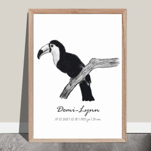Geboorteposter, zwart wit toekan in de jungle