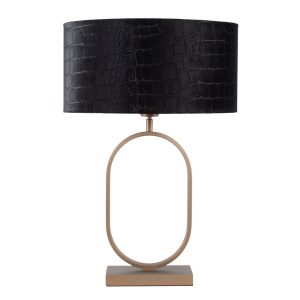 Chique tafellamp brons met ovale krokodillenprint kap – Black on gold 40 cm