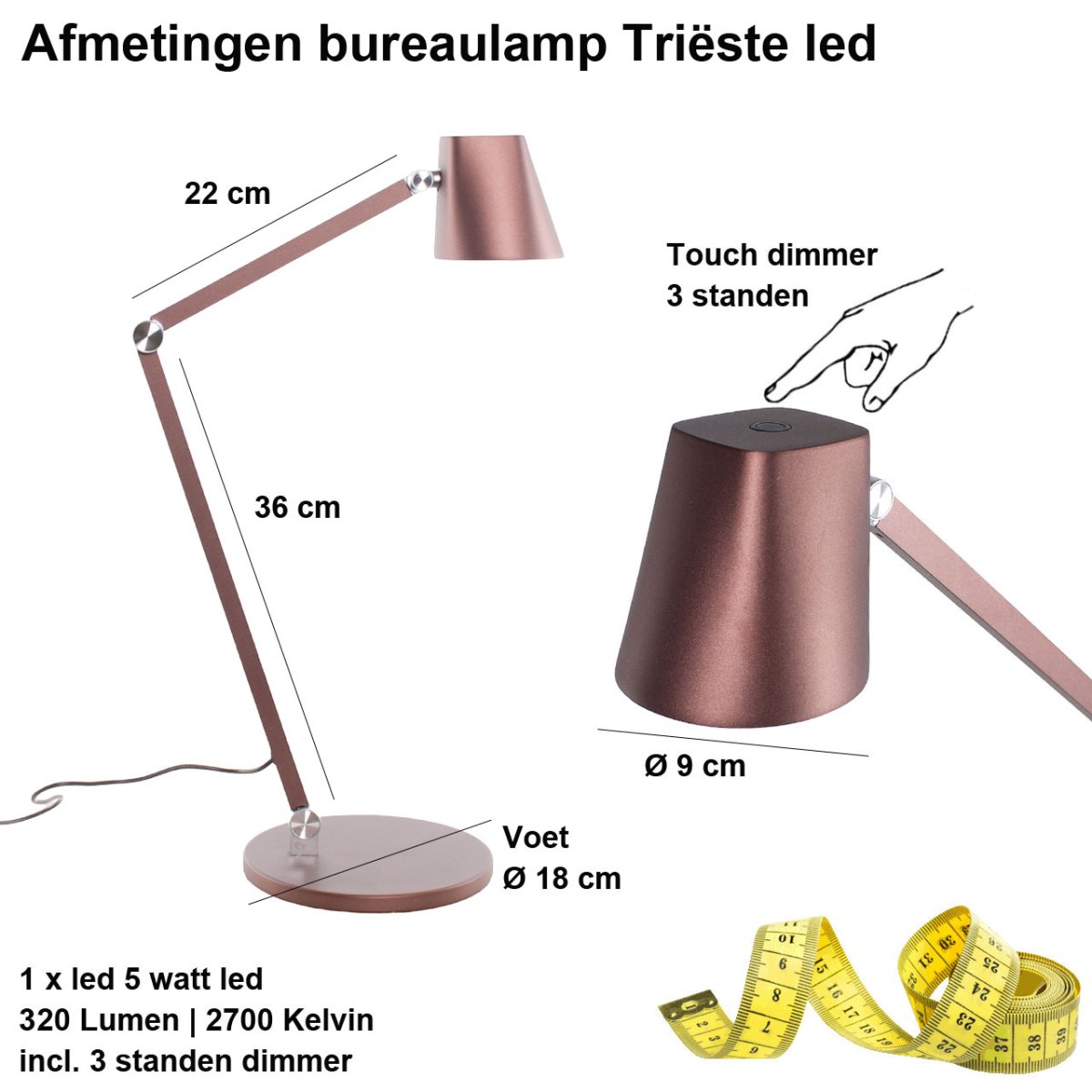 Dimbare bureaulamp Triëste | koper - Afbeelding 4