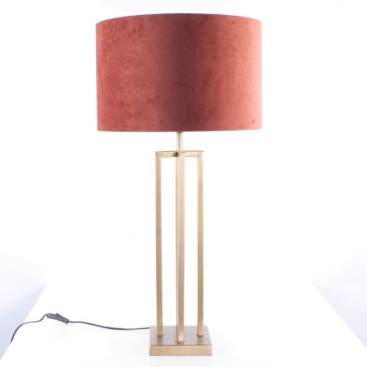 Grote bronzen tafellamp | Velours kap roestbruin | goud - Afbeelding 2