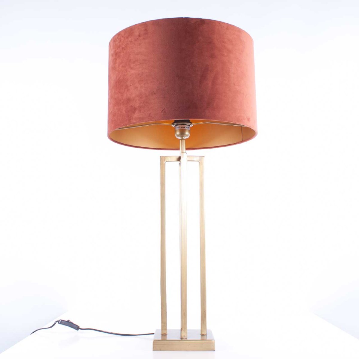 Grote bronzen tafellamp | Velours kap roestbruin | goud - Afbeelding 9