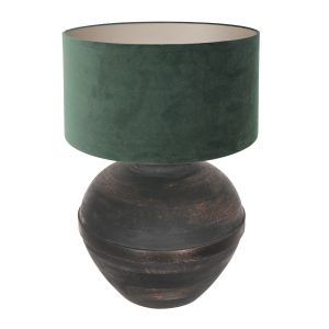 Houten bolvormige tafellamp zwart hout | kap velours groen