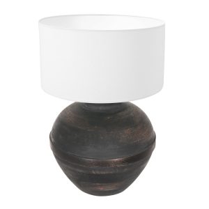 Landelijke bolvormige houten tafellamp zwart | kap cilinder Ø 40 cm chintz wit