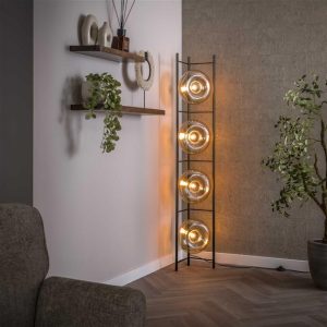 Landelijke brons | bruine vloerlamp 4 lichts Soll met amber glas