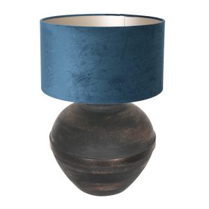 Ronde landelijke houten zwarte tafellamp | kap velvet blauw