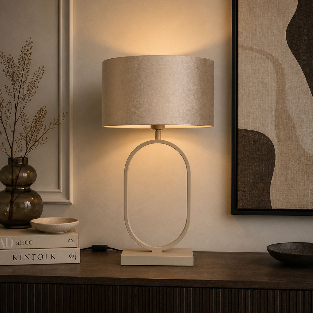Stijlvolle beige tafellamp Verona ovaal | Velvet kap Taupe on Taupe 40 cm - Afbeelding 3