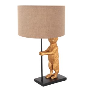 Tafellamp Animaux 1 lichts Zwart Goud Stokstaartje met Linnen Kap Grijs