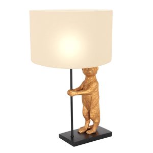 Tafellamp Animaux 1 lichts Zwart Goud Stokstaartje met Linnen Kap Wit