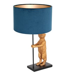 Tafellamp Animaux 1 lichts Zwart Goud Stokstaartje met Velours Kap Blauw