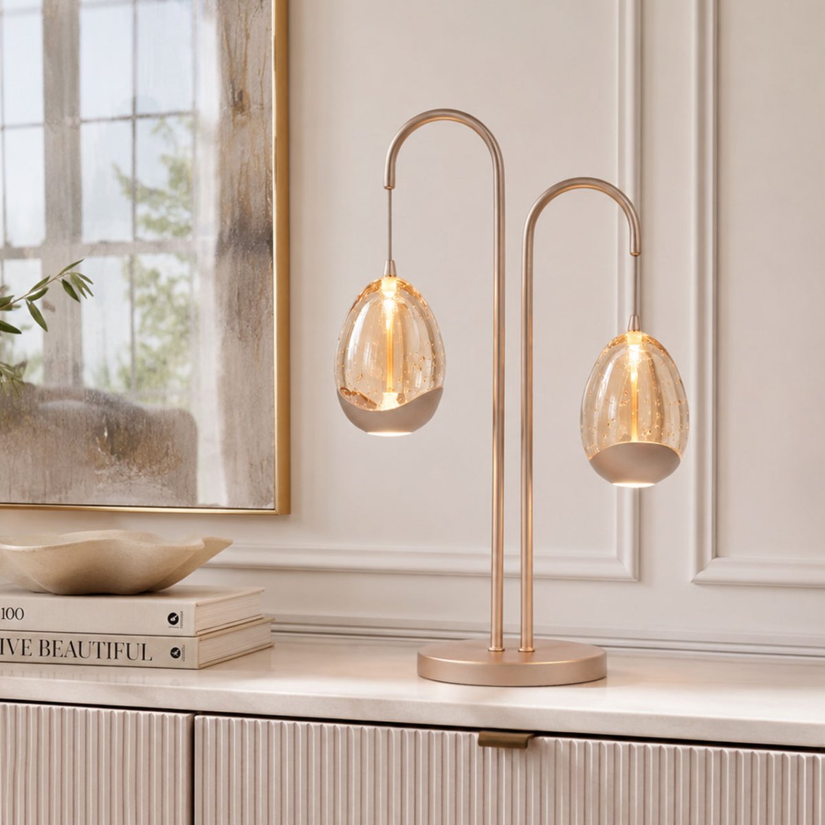 Tafellamp Champagne Egg 2-lichts | champagne | amber glas | LED | dimbaar | luxe design tafellamp - Afbeelding 3