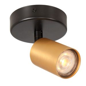 Verstelbare plafond- wandspot 1 lichts rond zwart | goud | messing