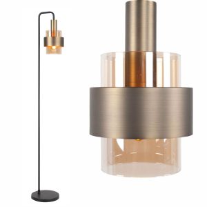 Vloerlamp Marrone zwart met brons | amber glas | E27 | 168 cm | hotel chique