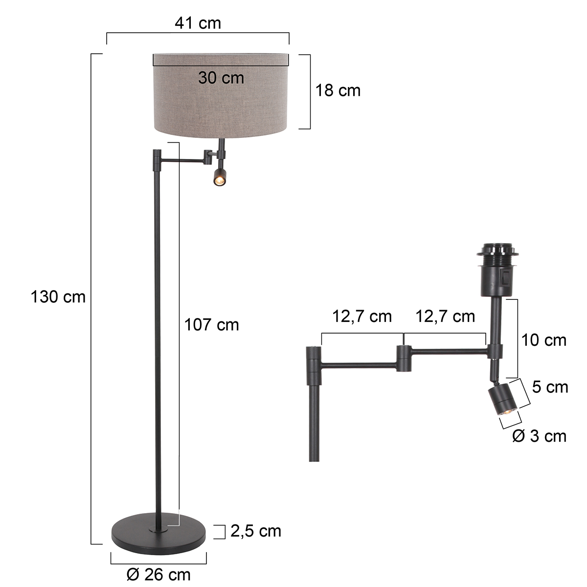 Vloerlamp Stang 1 lichts Zwart met Leeslamp en Linnen Kap Klei - Afbeelding 7