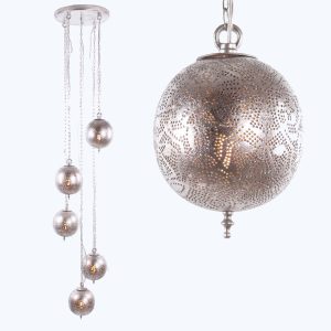 Zilverkleurige oosterse 5 lichts filigrain hanglamp