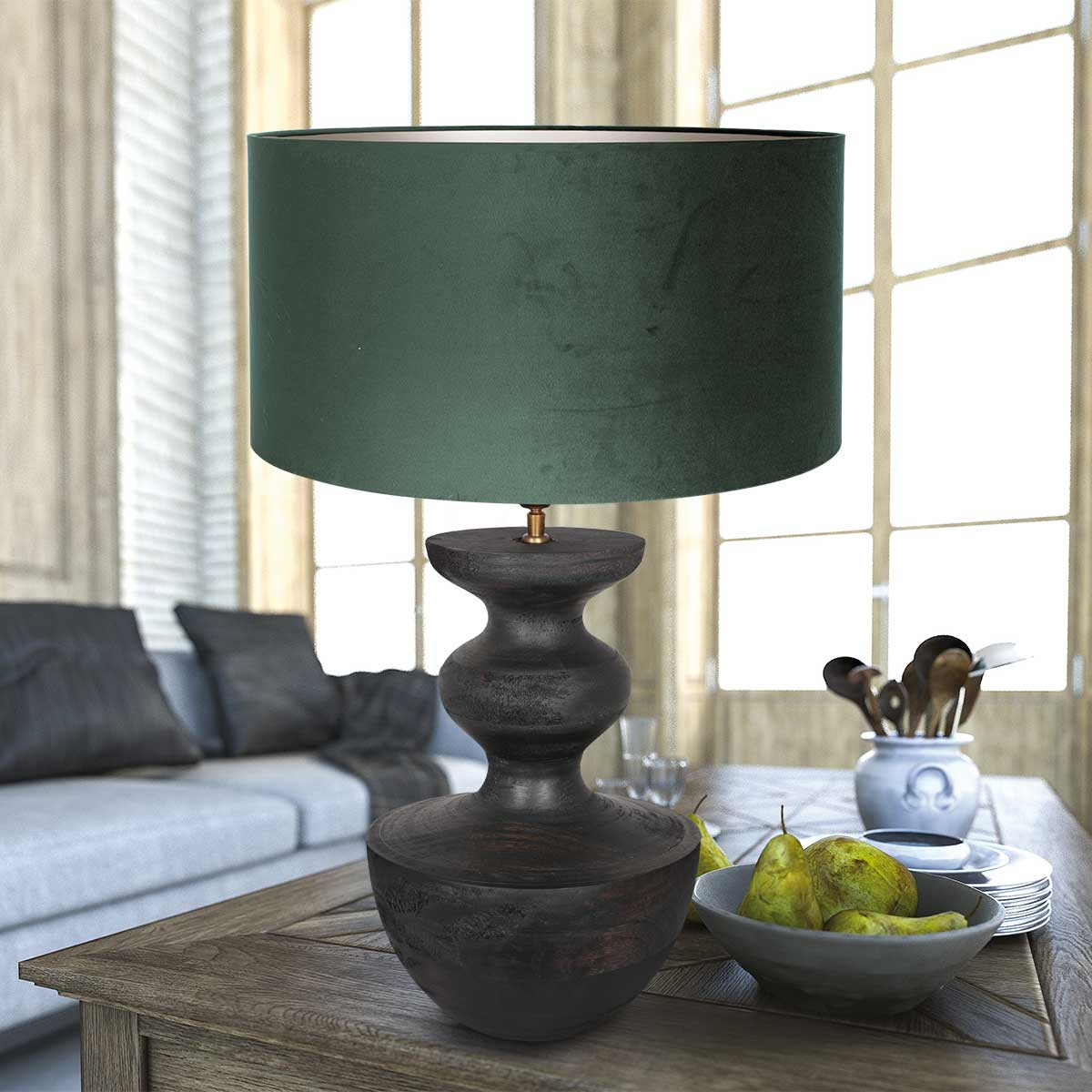 Zwarte tafellamp hout met groene velvet kap - Afbeelding 3
