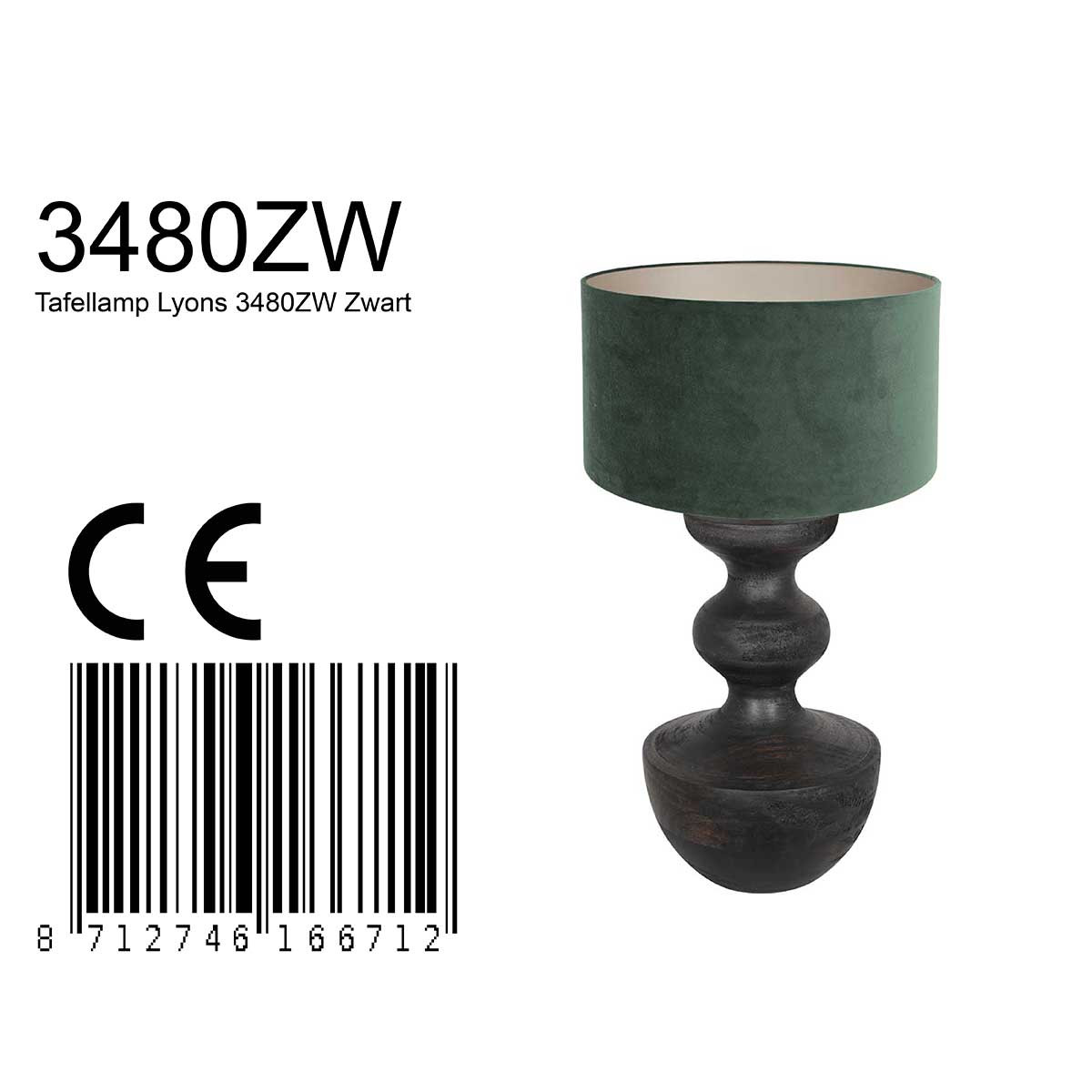 Zwarte tafellamp hout met groene velvet kap - Afbeelding 9