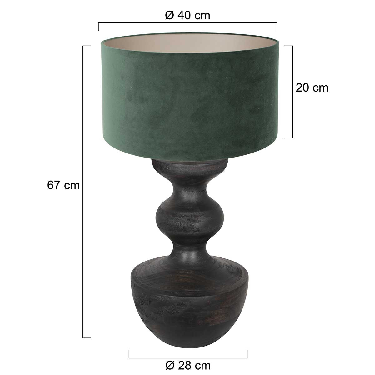 Zwarte tafellamp hout met groene velvet kap - Afbeelding 4