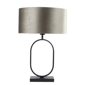 Zwarte tafellamp Verona met ovale lijf groene velours kap – Olive on gold 40 cm