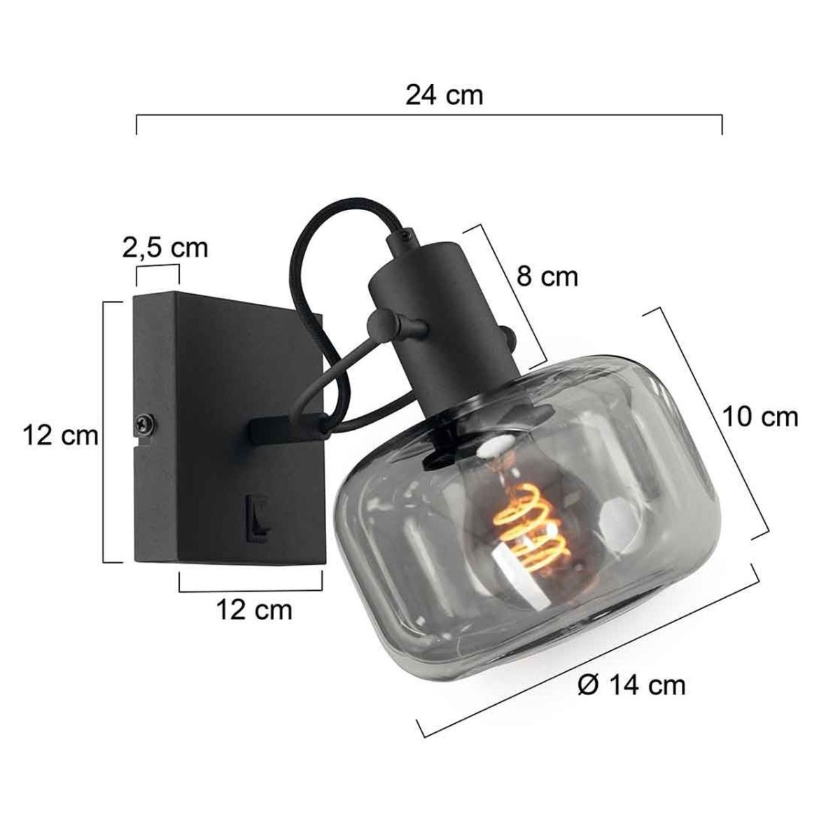 Zwarte wandlamp 1 lichts met smoke | grijs glas - Afbeelding 4