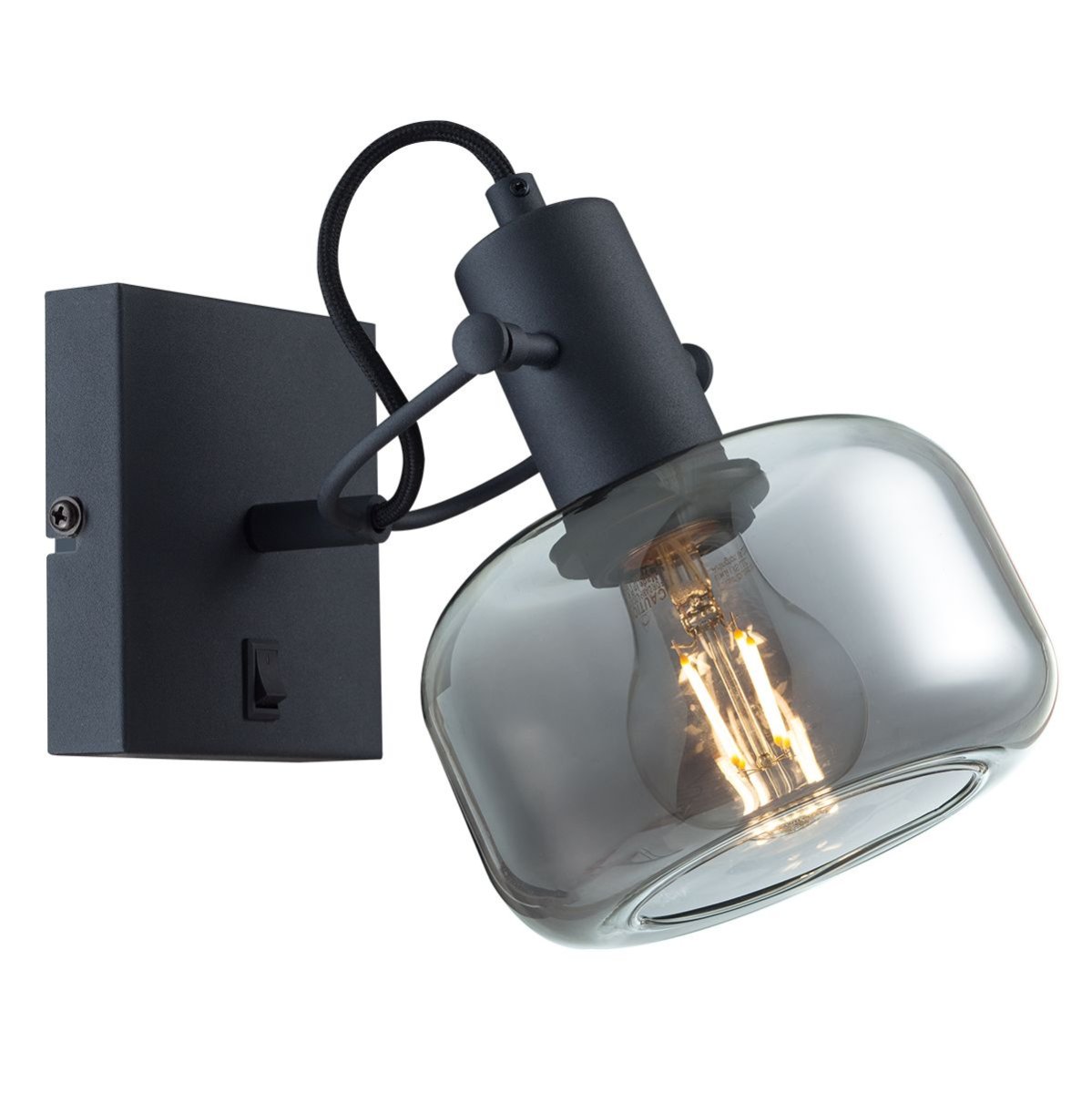 Zwarte wandlamp 1 lichts met smoke | grijs glas - Afbeelding 2